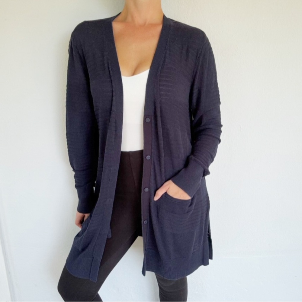 CAbi navy blue semi-sheer ribbed knit long cotton pocket cardigan size large